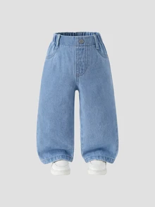 SHEIN Playful Pals Infant/Baby BoyCasual Jeans, Soft Denim Fabric, Elastic Waist, Straight Leg, Versatile For Daily Wear, All Season Autumn Fall - Light Wash - View 9