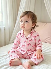 SHEIN 女嬰甜美可愛優雅仙氣軟綿親膚休閒日常睡衣蝴蝶結卡通印花秋冬針織開襟上衣褲套裝 粉色 - 彩色 - 查看 8