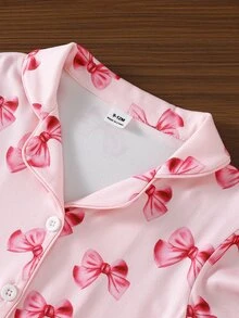 SHEIN 女嬰甜美可愛優雅仙氣軟綿親膚休閒日常睡衣蝴蝶結卡通印花秋冬針織開襟上衣褲套裝 粉色 - 彩色 - 查看 10