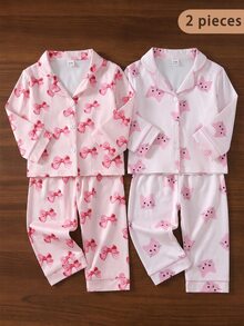 SHEIN 女嬰甜美可愛優雅仙氣軟綿親膚休閒日常睡衣蝴蝶結卡通印花秋冬針織開襟上衣褲套裝 粉色 - 彩色 - 查看 5