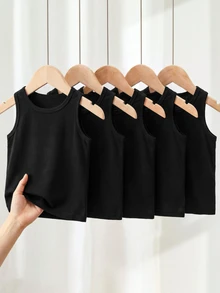 5pcs/Pack Tween Boy Comfortable Casual Sleeveless Undershirts Autumn Fall - Black - View 4