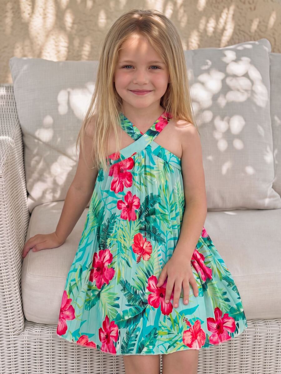 SHEIN Young Girls' Casual Princess Tropical Floral Print Sleeveless Dress, New Spring/Summer Collection Holiday 7th Birthday Swimming Rainbow - Green - View 1