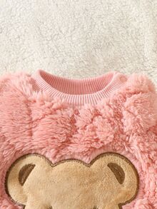 SHEIN 2pcs Baby Clothes Set, Cute Bear Head Pattern Sweatshirt And Fuzzy Long Pants, Autumn/Winter Fall Family Matching Light Pink Baby Girl - Pink - View 5