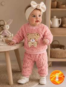 SHEIN 2pcs Baby Clothes Set, Cute Bear Head Pattern Sweatshirt And Fuzzy Long Pants, Autumn/Winter Fall Family Matching Light Pink Baby Girl - Pink - View 3