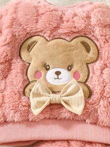 SHEIN 2pcs Baby Clothes Set, Cute Bear Head Pattern Sweatshirt And Fuzzy Long Pants, Autumn/Winter Fall Family Matching Light Pink Baby Girl - Pink - View 6