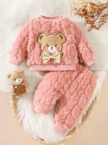 SHEIN 2pcs Baby Clothes Set, Cute Bear Head Pattern Sweatshirt And Fuzzy Long Pants, Autumn/Winter Fall Family Matching Light Pink Baby Girl - Pink - View 1