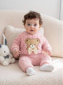 SHEIN 2pcs Baby Clothes Set, Cute Bear Head Pattern Sweatshirt And Fuzzy Long Pants, Autumn/Winter Fall Family Matching Light Pink Baby Girl - Pink - View 4