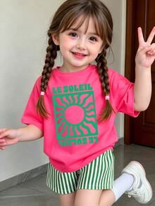 女嬰時尚休閒清新復古紅綠拼色旋渦太陽藝術海報字母印花基礎短袖T恤 - 玫紅色 - 查看 4