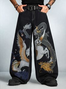 ROMWE MEN 中式龍鳳印花寬腿牛仔褲，中性美式街頭風黑色水洗牛仔長褲，重工花卉刺繡寬鬆顯瘦拖地長褲，四季百搭日常穿著 - 彩色 - 查看 6