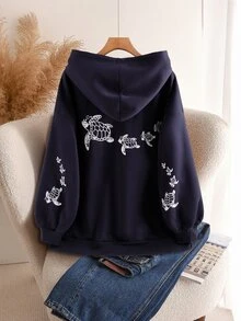 SHEIN CURVE+ Plus Size Women Casual Minimalist Vacation Ocean Life Sea Turtle Print Sweatshirt In Fall/Winter - Navy Blue - View 2