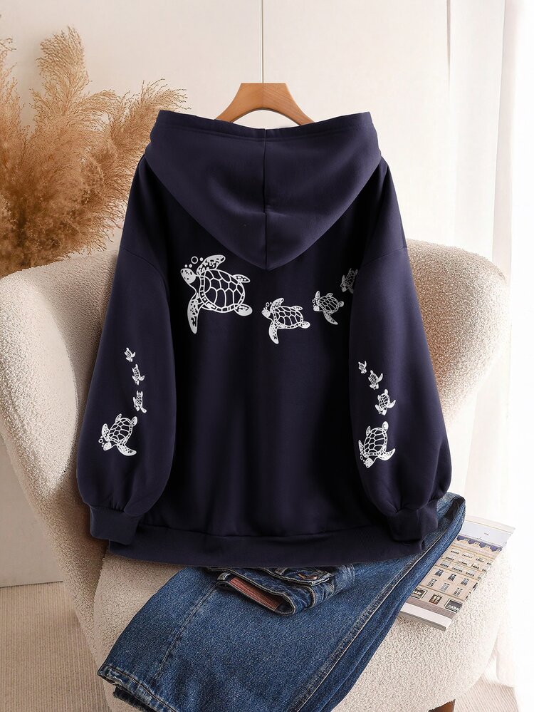 SHEIN CURVE+ Plus Size Women Casual Minimalist Vacation Ocean Life Sea Turtle Print Sweatshirt In Fall/Winter - Navy Blue - View 2