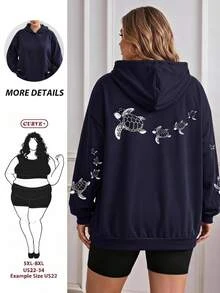 SHEIN CURVE+ Plus Size Women Casual Minimalist Vacation Ocean Life Sea Turtle Print Sweatshirt In Fall/Winter - Navy Blue - View 1