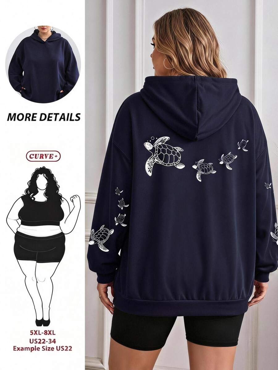 SHEIN CURVE+ Plus Size Women Casual Minimalist Vacation Ocean Life Sea Turtle Print Sweatshirt In Fall/Winter - Navy Blue - View 1