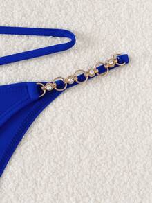 SHEIN Swim Women's Solid Color Metal Chain Asymmetric Neckline Bikini Set One Shoulder Bikini Sexy Swimwear Swimsuits Blue - Royal Blue - View 5