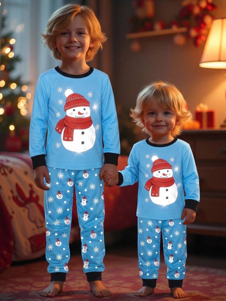 SHEIN Boys' Christmas Snowman Contrast Collar Striped Fitted Pajama 2 Pieces Set - Multicolor - View 1