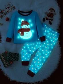 SHEIN 男童聖誕雪人對比領條紋修身睡衣 2 件套 - 彩色 - 查看 2