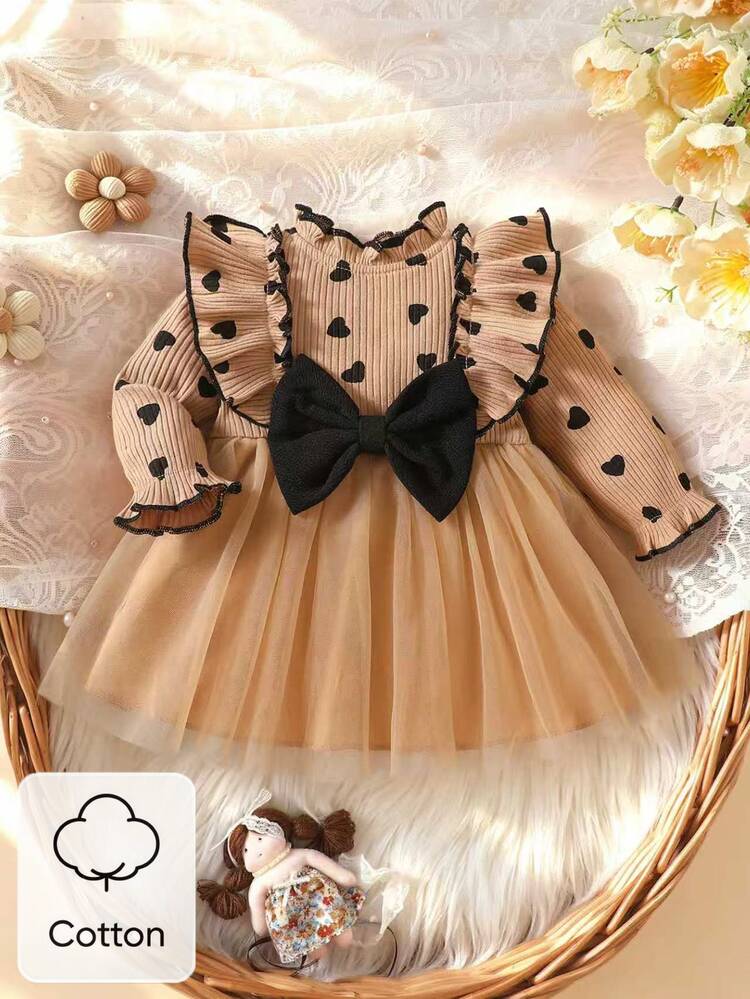 SHEIN 2pcs Baby Girl Tutu Dress Cute Sweet Tan Black Heart Bow Ruffle Tulle Ribbed Long Sleeve Round Neck Light Birthday Party Fall Holiday Ballet Chic Set - Khaki - View 2