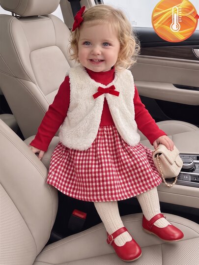 SHEIN Playful Pals 2pcs Baby Girls Dress Vest Outfits Cute Elegant Brown White Bow Plush Corduroy Long Sleeve Round Neck Thick Birthday Fall Holiday Plush Set