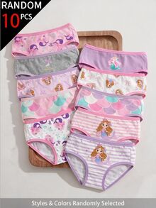 SHEIN [Random 5-Pack] Girls' Briefs, Pink-Purple Cute Bow & Mermaid Prints, Sweet Back-To-School Gift For Young Girls Autumn Fall - Multicolor - View 2