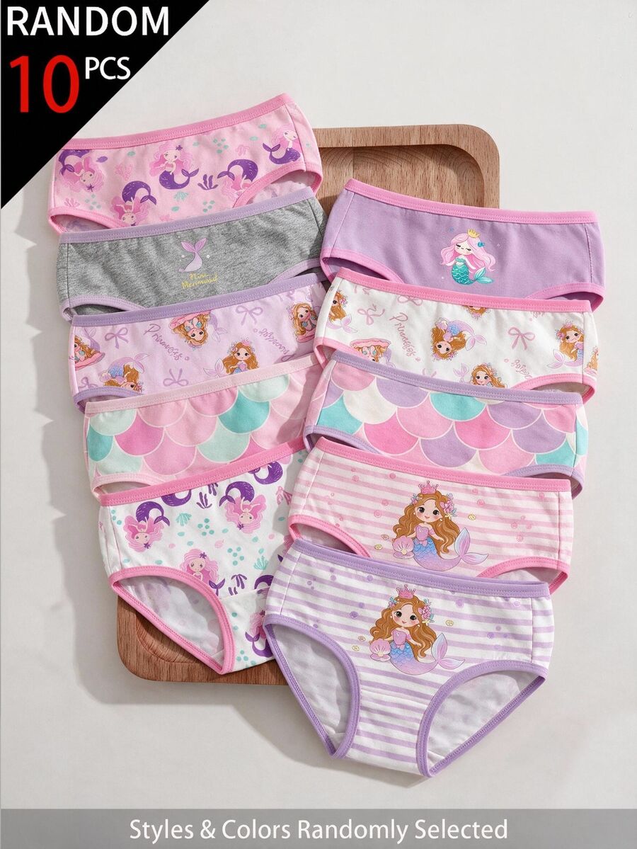 SHEIN [Random 5-Pack] Girls' Briefs, Pink-Purple Cute Bow & Mermaid Prints, Sweet Back-To-School Gift For Young Girls Autumn Fall