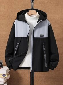 SHEIN 兒童青少年男孩休閒運動日常百搭舒適字母印花連帽寬鬆長袖梭織防風夾克，適合通勤、上學、日常休閒、戶外旅行與運動，適合秋冬季節 - 黑色 - 查看 4