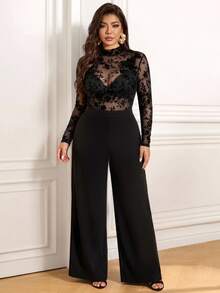 Femmeverse Women's Plus Size Elegant Party Flocked Lace Patchwork Fitted Top & Wide Leg Long Jumpsuit - Black - View 4