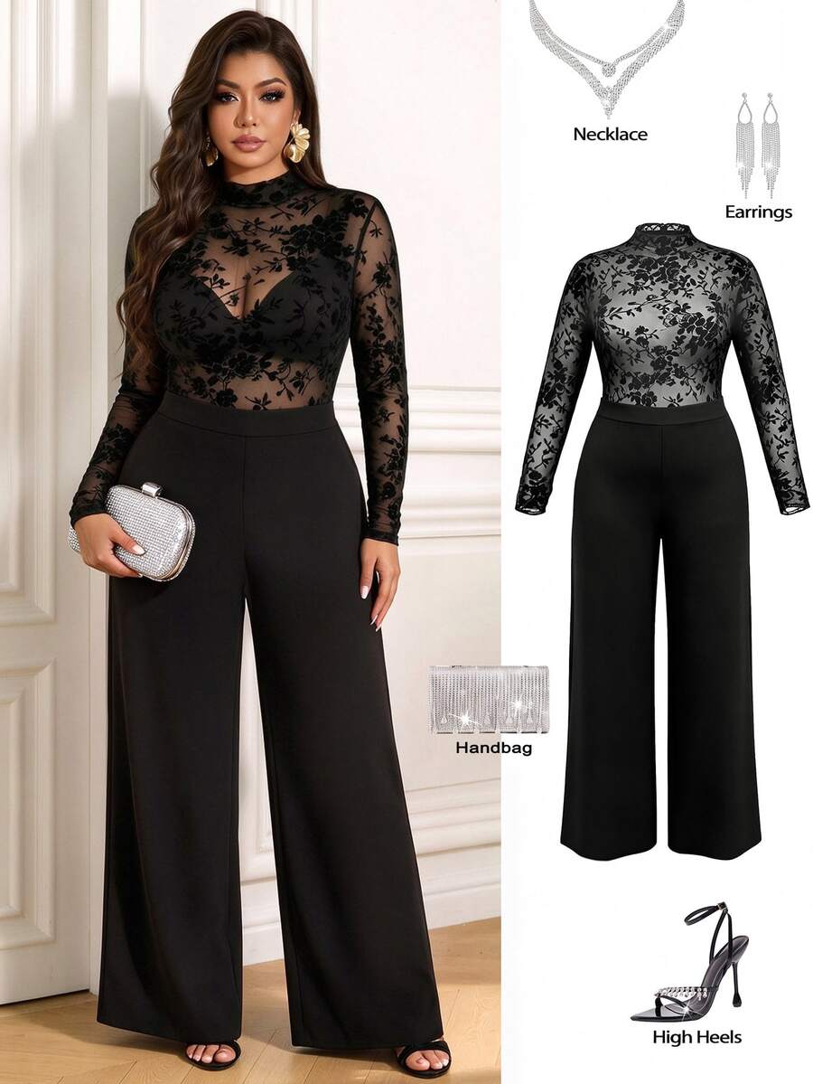 Femmeverse Women's Plus Size Elegant Party Flocked Lace Patchwork Fitted Top & Wide Leg Long Jumpsuit - Black - View 1