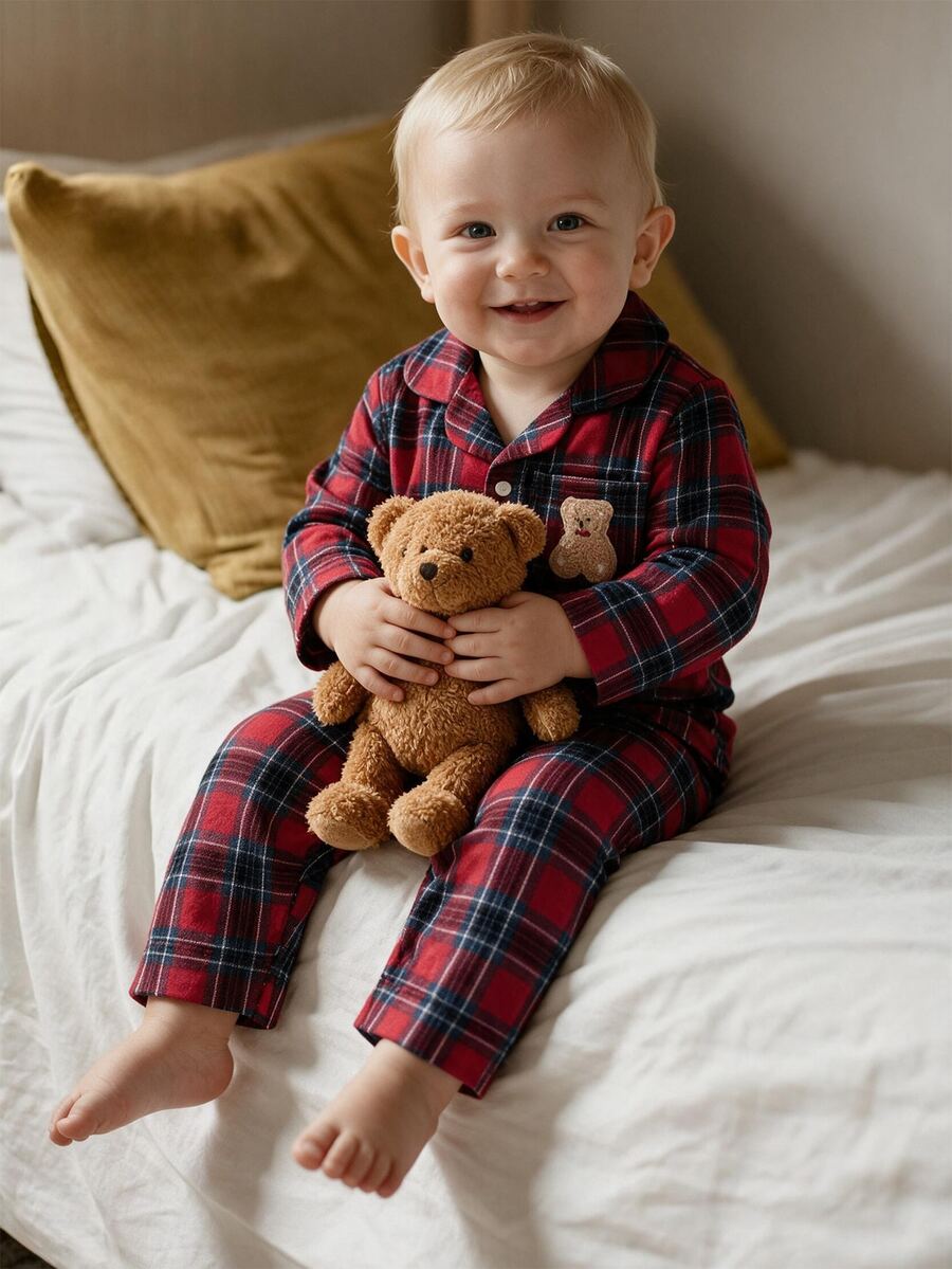 Baby Boy Autumn/Winter Christmas Pajamas Lapel Woven Long Sleeve Pants Embroidery Patch Red Bear Pieces - Red - View 1