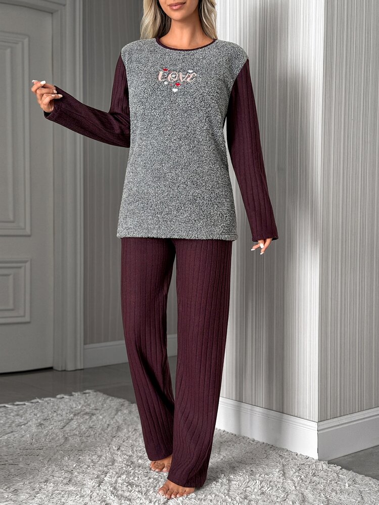 SHEIN Cottnline Women's Fuzzy Love Embroidery Long Sleeve Ribbed Pajama Set Sleep Home Grey Gingham Burgundy Winter Modest Kawaii Casual Lounge Party - Multicolor - View 3