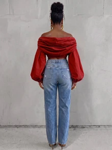BamGlimmer Atasan Crop Lengan Lentera Off-Shoulder Warna Polos untuk Wanita - Merah - View 3