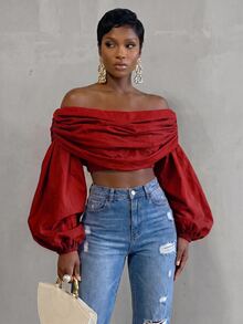 BamGlimmer Atasan Crop Lengan Lentera Off-Shoulder Warna Polos untuk Wanita - Merah - View 4