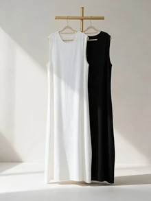 Yasmyna 2 Pcs Women's Solid Color Round Neck Casual Modest Minimalist Arabian Dress Office Home Wear White Black Winter - Black and White - View 4