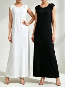 Yasmyna 2 Pcs Women's Solid Color Round Neck Casual Modest Minimalist Arabian Dress Office Home Wear White Black Winter - Black and White - View 2