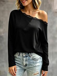 Balvessa 黑色羅紋蕾絲拼接不對稱肩休閒百搭女款長袖T恤 - 黑色 - 查看 3