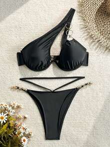 SHEIN Swim Summer Beach Women's Solid Color Hollow Out Chain Decor Bikini Set - Black - View 2