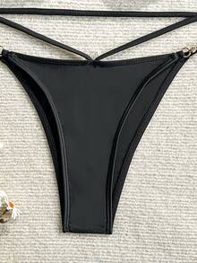 SHEIN Swim Summer Beach Women's Solid Color Hollow Out Chain Decor Bikini Set - Black - View 6