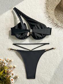 SHEIN Swim Summer Beach Women's Solid Color Hollow Out Chain Decor Bikini Set - Black - View 7