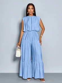 SOLERSUN Light Blue Summer Elegant Women's Long Jumpsuit,Brunch Crew Neck Button Back Slit Short Sleeve Gathered Shoulder Elastic Waist Layered Legs Leisure - Baby Blue - View 5