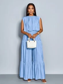 SOLERSUN Light Blue Summer Elegant Women's Long Jumpsuit,Brunch Crew Neck Button Back Slit Short Sleeve Gathered Shoulder Elastic Waist Layered Legs Leisure - Baby Blue - View 4