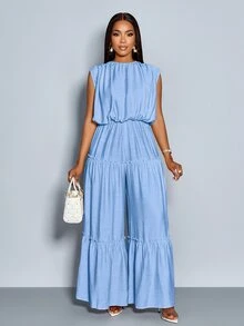 SOLERSUN Light Blue Summer Elegant Women's Long Jumpsuit,Brunch Crew Neck Button Back Slit Short Sleeve Gathered Shoulder Elastic Waist Layered Legs Leisure - Baby Blue - View 7