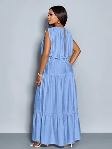 SOLERSUN Light Blue Summer Elegant Women's Long Jumpsuit,Brunch Crew Neck Button Back Slit Short Sleeve Gathered Shoulder Elastic Waist Layered Legs Leisure - Baby Blue - View 3