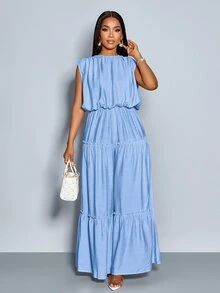 SOLERSUN Light Blue Summer Elegant Women's Long Jumpsuit,Brunch Crew Neck Button Back Slit Short Sleeve Gathered Shoulder Elastic Waist Layered Legs Leisure - Baby Blue - View 2