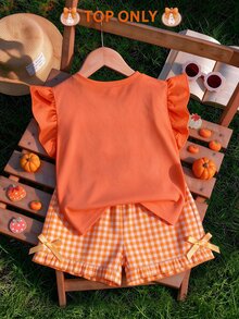 1pc Young Girls Summer Casual Creative Bow Leopard Print Polka Dot Pumpkin Pattern Flutter Sleeve T-Shirt, Halloween Outfit - Hot Pink - View 2