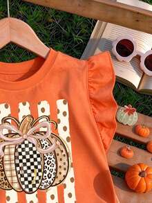 1pc Young Girls Summer Casual Creative Bow Leopard Print Polka Dot Pumpkin Pattern Flutter Sleeve T-Shirt, Halloween Outfit - Hot Pink - View 7