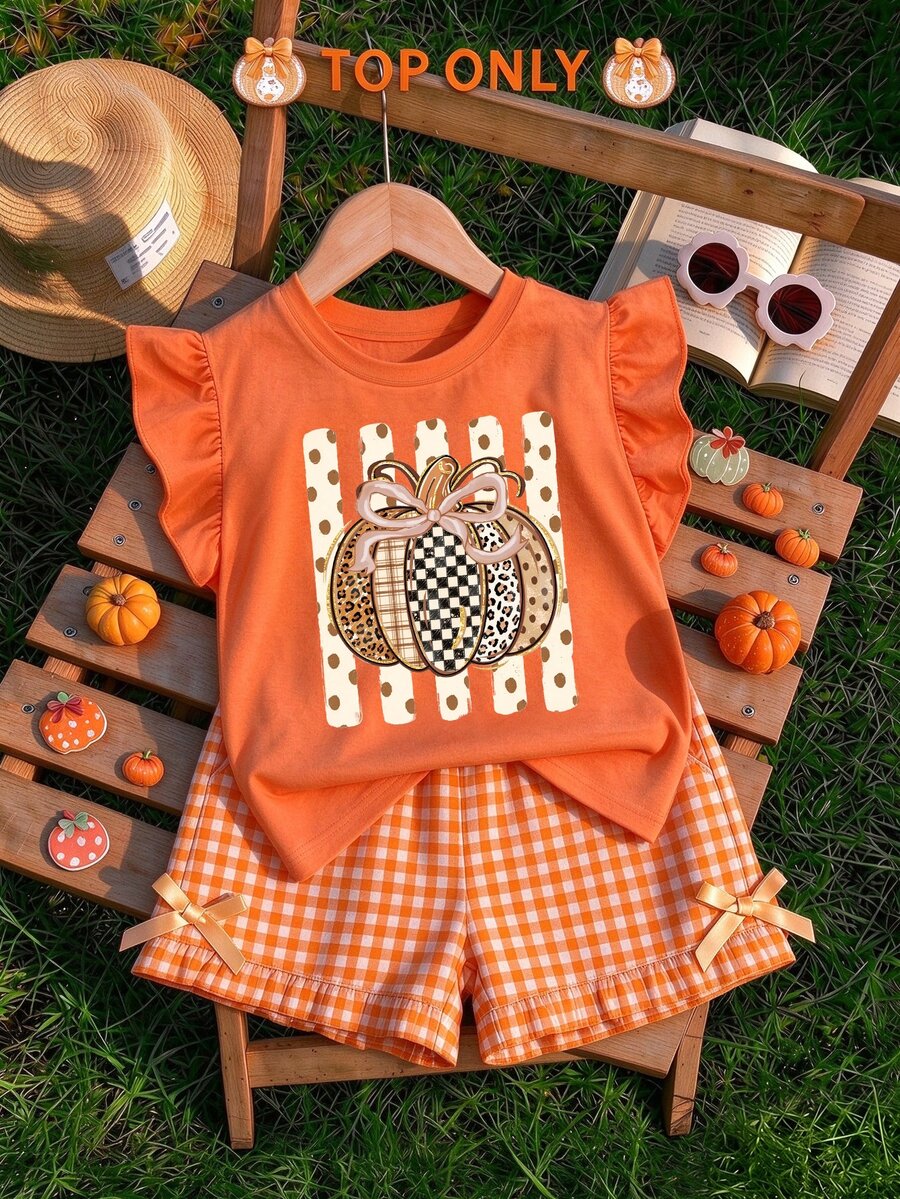 1pc Young Girls Summer Casual Creative Bow Leopard Print Polka Dot Pumpkin Pattern Flutter Sleeve T-Shirt, Halloween Outfit - Hot Pink - View 1
