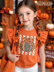 1pc Young Girls Summer Casual Creative Bow Leopard Print Polka Dot Pumpkin Pattern Flutter Sleeve T-Shirt, Halloween Outfit - Hot Pink - View 3