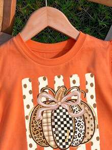 1pc Young Girls Summer Casual Creative Bow Leopard Print Polka Dot Pumpkin Pattern Flutter Sleeve T-Shirt, Halloween Outfit - Hot Pink - View 6