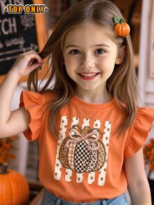 1pc Young Girls Summer Casual Creative Bow Leopard Print Polka Dot Pumpkin Pattern Flutter Sleeve T-Shirt, Halloween Outfit - Hot Pink - View 4