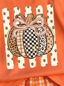 1pc Young Girls Summer Casual Creative Bow Leopard Print Polka Dot Pumpkin Pattern Flutter Sleeve T-Shirt, Halloween Outfit - Hot Pink - View 5