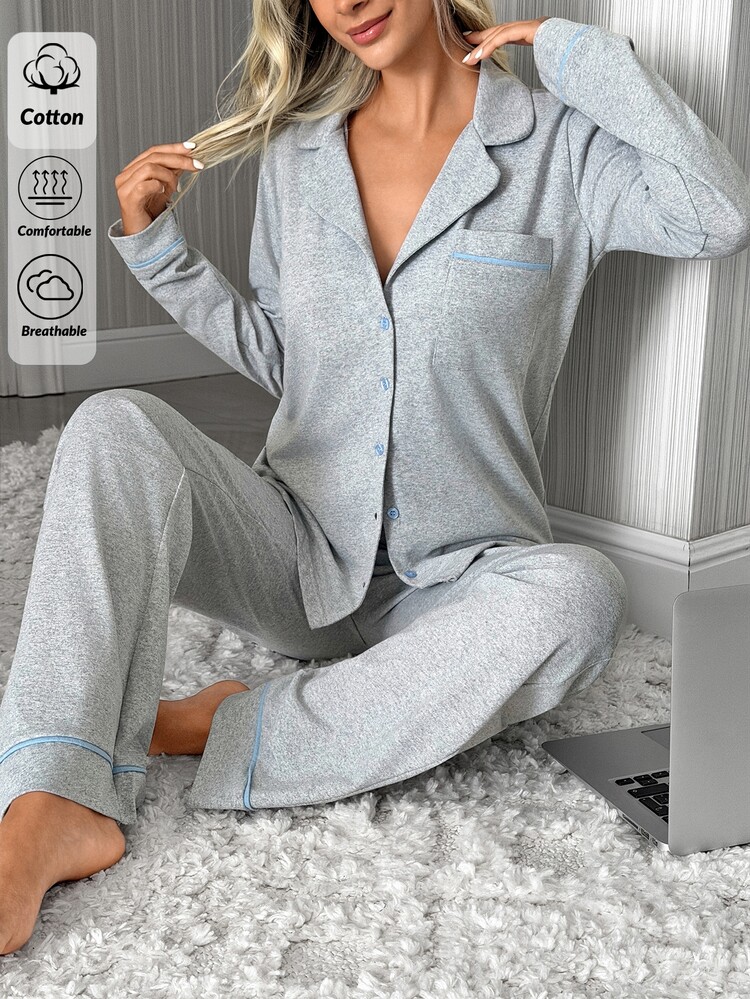 SHEIN Cottnline Light Grey Contrast Piping Button Front Long Sleeve Shirt Pants Casual Modest Pajama Set Lounge Autumn - Light Grey - View 6